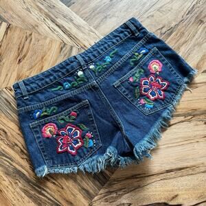 Farm Rio Embroidered Cut Off Jean Shorts